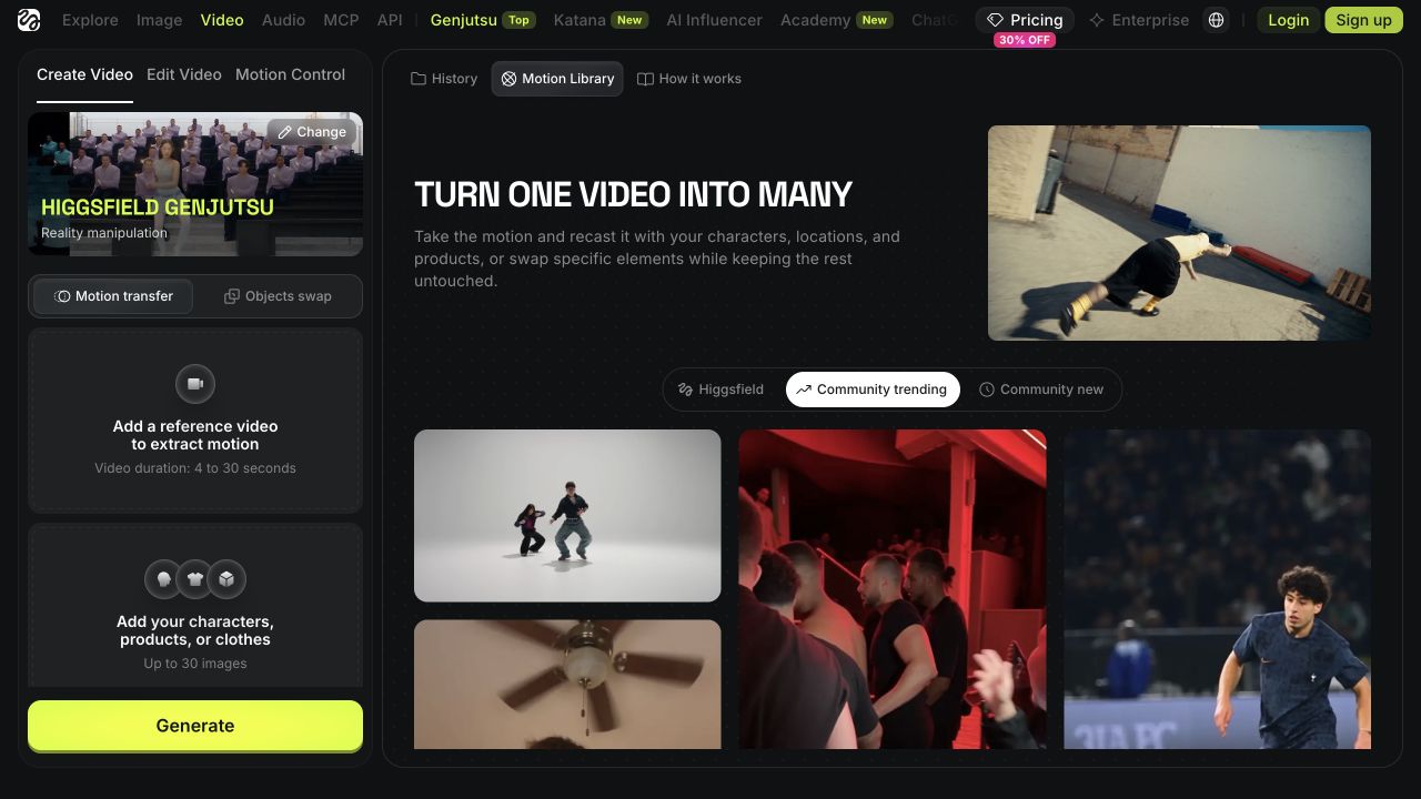 Редактор Higgsfield Genjutsu: слева поля загрузки видео и изображений, справа Motion Library