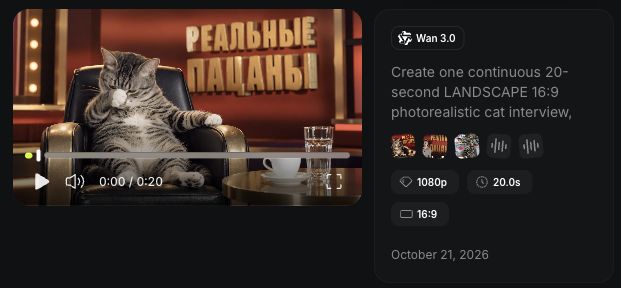 Карточка готового ролика в Higgsfield: кот вылизывает лапу, рядом указаны Wan 3.0, 1080p, 20 секунд и 16:9